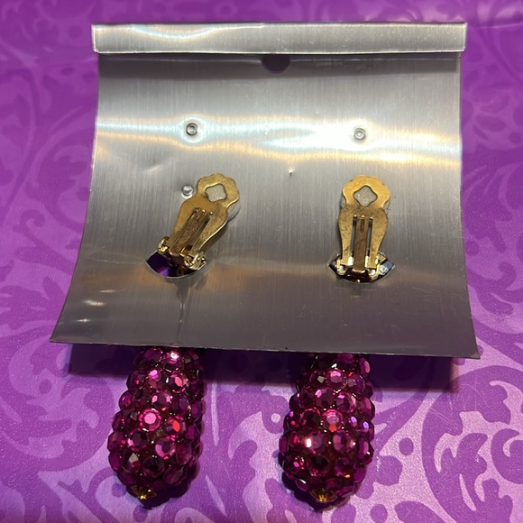 Bridal, Prom, Wedding Pave Fuchsia Swarovski Crystal Teardrop Clip-on Earrings - Picture 3 of 7